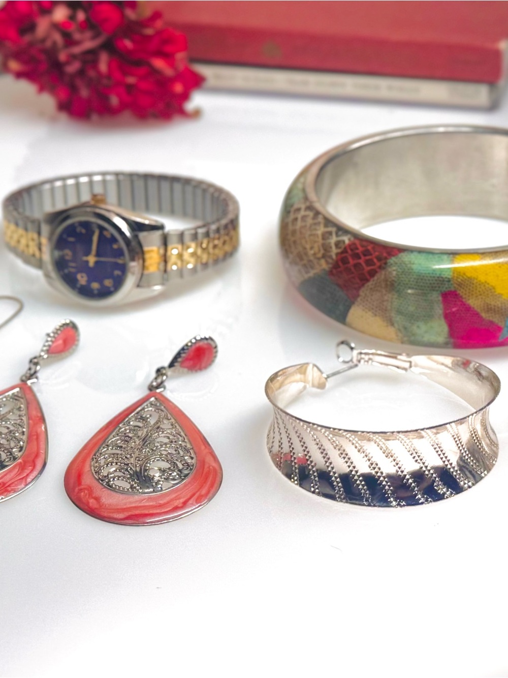 5 Piece Bundle Earrings Watch & Bangle, Multicolor, Silver, Y2K Jewlery